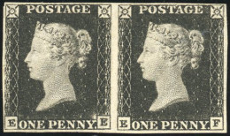 * SG#1 - 1840. 1d. Intense Black. Wmk Small Crown. Imperf. Plate 1a. Horizontal Pair Lettered EE-EF (SG 1, Spec AS1). Un - Autres & Non Classés