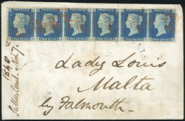 Obl. SG#5 - 1840. Envelope To ''Lady Louis, Malta'' Franked With Horizontal Strip Of 6. 1840. 2d. Blue. Plate 1. Lettere - Autres & Non Classés