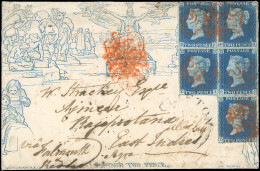 Obl. SG#5 - 1840. 2d. Blue Mulready Envelope, Stereo A202 (SG Spec ME4), To East India, Franked With 2 Horizontal Pairs  - Sonstige & Ohne Zuordnung