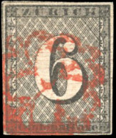 Obl. Zu#2S - 6Rp. Noir De ZURICH. Lignes De Fond Verticales. Obl. Rosette Rouge. TB. - Other & Unclassified