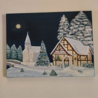 TABLEAU Paysage De Neige  Église Chalet Peinture Acrylique Sur Toile Signé N.Petry - Acryl