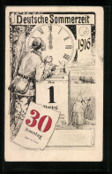 Künstler-AK Deutsche Sommerzeit 1916 - Soldat Mit Uhr Und Kalender, Bäuerin Mit Sense  - Astronomy