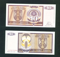 BOSNIA AND HERZOGOVINA  -  1992  10 Dinara  UNC  Banknote - Bosnie-Herzegovine