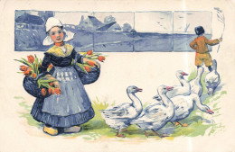 ILLUSTRATEURS - Non-signés - Des Oies Et Une Fille Portant Des Fleurs - Colorisé - Carte Postale Ancienne - 1900-1949