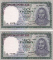 Portugal, Nota De Vinte Escudos De António Luiz De Meneses De 1960, 2 Nºs Seguidos, UNC - Portugal