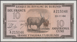 Burundi: Banque Du Royaume Du Burundi, 10 Francs 1964, P.9a, Tiny Dint Upper Rig - Burundi