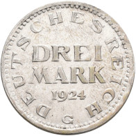 Weimarer Republik: 3 Reichsmark 1924 G, Jaeger 312, Sehr Schön+. - Autres & Non Classés