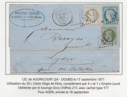 FRANCE Aff Dit De SEPTEMBRE 1871 - LSC PEUGEOT AUDINCOURT Doubs Avec 20c CERES Et 4c + 1c EMPIRE LAURE Pour LYON - 1870 Siège De Paris