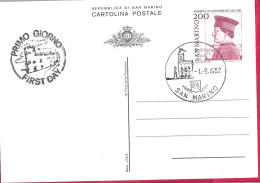 SAN MARINO - INTERO CARTOLINA POSTALE " F. MONTEFELTRO "(INT. 48) NUOVA CON ANNULLO F.D.C. *1.9.1982* - Enteros Postales
