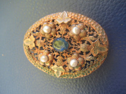 Broche Fantaisie / Fausses Perles Et Verre Taillé Bleu /Bronze Coulé/ Fermeture à L'ancienne/Vers1930-1950  BIJ193 - Brooches