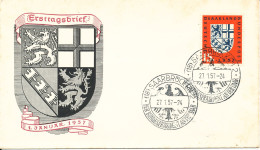 Saar FDC Postcard Saarbrücken 1-1-1957 Eingliederung Des Saarlandes In Die Bundesrepublik With Cachet - FDC