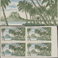 Océanie Française 1955 Y&T PA 32. Bloc De 4, Essais De Couleurs. Pic De Pahia, à Bora Bora. Palmiers, Montagne Et Océan - Montagnes