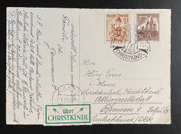 Österreich 1957 Christkindl-Postkarte Mit Mi. 1037 (Bauten) Und 904 (Trachten) Christkindl Sonderstempel Gestempelt/o - Briefe U. Dokumente
