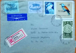 POLAND1962, REGISTER COVER, USED TO USA, SHIP, BIRD, 5 DIFFERENT STAMP, SZCZAWNO ZDROJ TOWN & DETROIT CITY CANCEL - Cartas & Documentos