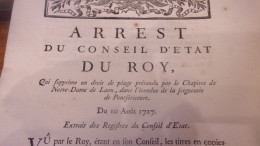 1751 SEIGNEURIE DE PONTSERICOURT ARREST CONSEIL ETAT DU ROY SUPPRIME DROIT PEAGE DU CHAPITRE DE ND DE LAON AISNE - Documents Historiques