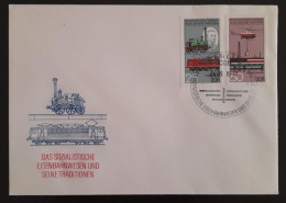 SD)1985, GERMAN DEMOCRATIC REPUBLIC, COVER, 150TH ANNIVERSARY OF GERMAN TRAINS, SAXONIA, LAYING CABLES FROM HELICOPTER - Sammlungen