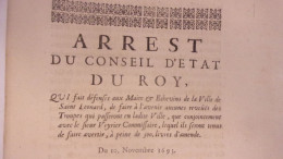 1693 LIMOUSIN Saint-Léonard (de Noblat ) ARREST CONSEIL ETAT DU ROY DEFENSE AUX MAIRE ET ECHEVINS DE FAIRE REVUE DE TROU - Limousin