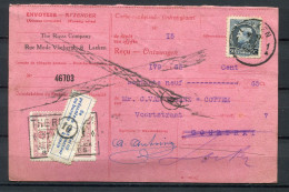 1923 Ontvangkaart Gefr. 50c Albert I + Fiscale Zegel + Strookje - Stempel LAEKEN 1 Met Zwarte Driehoek + Rolstempel - 1921-1925 Small Montenez