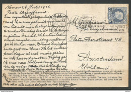 SOLDES - 1922 - COB N° 213 - Oblitéré (o) - SEUL SUR CARTE - NAMUR Vers AMSTERDAM - 29/07/1926 - 1921-1925 Small Montenez