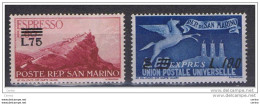 SAN  MARINO:  1957  ESPRESSO  SOPRASTAMPATO  -  S. CPL 2  VAL. L. + N. -  SASS. 23/24 - Sellos De Urgencia