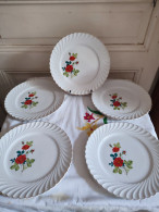 Cinq Assiettes Plates Faïence Keller & Guérin Décor De Fleurs  Modèle Tradition - Lunéville (FRA)