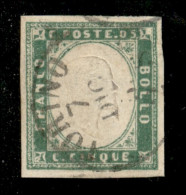 Antichi Stati Italiani - Sardegna - 1855 - 5 Cent (13c - Verde Pisello) Usato A Torino - Diena + Oliva + Cert. AG (4.000 - Altri & Non Classificati