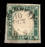 Antichi Stati Italiani - Sardegna - 1855 - 5 Cent (13d - Verde Smeraldo) Usato A Chambery Su Frammento - Cert. AG (950) - Altri & Non Classificati