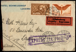 Europa - Svizzera - 1928 (11 Luglio) - Zurigo Londra - 35 Cent (181) + 75 Cent (190) Su Aerogramma Espresso - Otros & Sin Clasificación