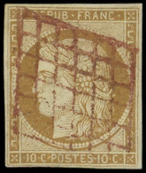 EMISSION DE 1849 - 1    10c. Bistre-jaune, Obl. GRILLE ROUGE, TB. C, R, Cote Dallay - 1849-1850 Ceres