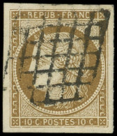 EMISSION DE 1849 - 1c   10c. Bistre-VERDATRE FONCE, Obl. GRILLE, Très Grandes Marges, TTB - 1849-1850 Ceres