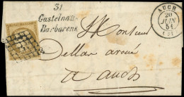 Let EMISSION DE 1849 - 1b   10c. Bistre-VERDATRE, Obl. GRILLE S. LAC, Càd T15 AUCH 20/6/51 Et Cursive 31/CASTELNAU/BARBA - 1849-1876: Période Classique