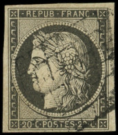 EMISSION DE 1849 - 3c   20c. GRIS-NOIR, Obl. GRILLE, TB, Certif. Calves - 1849-1850 Ceres