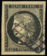 EMISSION DE 1849 - 3j   20c. Noir Sur IVOIRE, Belles Marges, Obl. GRILLE, TTB/Superbe - 1849-1850 Cérès