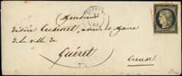 Let EMISSION DE 1849 - 3    20c. Noir Sur Jaune, Obl. GRILLE ROUGE S. Env., Càd T15 QUIMPER 22 (JANV) 49, Arr. GUERET 25 - 1849-1876: Classic Period