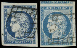 EMISSION DE 1849 - 4    25c. Bleu, Voisin En Haut Et N°4a 25c. Bleu Foncé, Grandes Marges, Obl. GRILLE, TTB - 1849-1850 Cérès