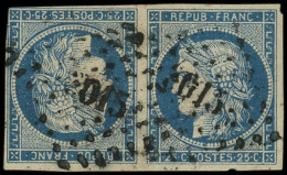 EMISSION DE 1849 - T4c  25c. Bleu, TETE BECHE, Obl. PC 3015, Un Ex. Filet Coupé Dans Un Angle, Sinon TB. S - 1849-1850 Cérès