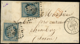 Let EMISSION DE 1849 - 4    25c. Bleu, 2 Ex. Dont Un Juste Dans Un Angle, Obl. PC 1818 S. Petite LAC, Càd T15 LYON 27/4/ - 1849-1876: Periodo Classico