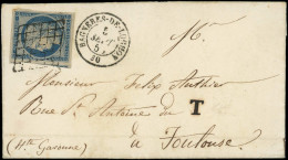 Let EMISSION DE 1849 - 4    25c. Bleu, Obl. GRILLE S. LAC, Càd T15 BAGNERES-DE-LUCHON 5/9/50 Et Taxe T, Arr. TOULOUSE 6/ - 1849-1876: Klassik
