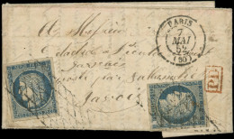 Let EMISSION DE 1849 - 4    25c. Bleu (2 Ex. Dont Un Défx.) Obl. GRILLE SANS FIN S. LAC, Càd T15 PARIS 7/5/52, Arr. SALL - 1849-1876: Période Classique