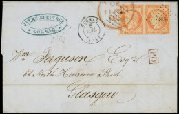 Let EMISSION DE 1849 - 5    40c. Orange, PAIRE Obl. PC 898 S. LAC, Càd T15 COGNAC 8/7/(53), Arr. GLASGOW 11/7, TTB - 1849-1876: Classic Period