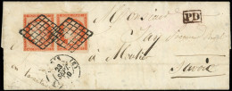 Let EMISSION DE 1849 - 5a   40c. Orange Vif, PAIRE 1 Ex. Lég. Touché, Obl. GRILLE S. LAC, Càd PARIS 23/9/50, Pour MOUTIE - 1849-1876: Période Classique