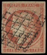 EMISSION DE 1849 - 7     1f. Vermillon, Obl. GRILLE Frappée 2 Fois, TB. Br - 1849-1850 Ceres