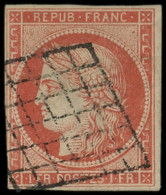 EMISSION DE 1849 - 7     1f. Vermillon, Filet De Gauche Coupé Sur 1 Cm, Obl. GRILLE, Frappe Légère, B/TB - 1849-1850 Cérès