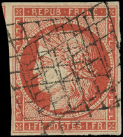 EMISSION DE 1849 - 7a    1f. Vermillon VIF, Obl. Double GRILLE (frappes Légères), TB, Certif. Scheller - 1849-1850 Ceres