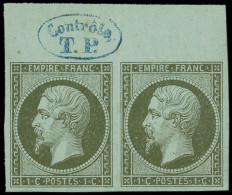 ** EMPIRE NON DENTELE - 11    1c. Vert-olive, PAIRE Bdf Contrôle T.P., 1 Ex. Quelques Taches Brunes, Sinon Superbe - 1853-1860 Napoleone III