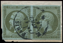 EMPIRE NON DENTELE - 11    1c. Olive, PAIRE Obl. Càd PARIS 14/4/61 Sur Fragment, TB - 1853-1860 Napoleon III