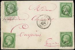 Let EMPIRE NON DENTELE - 12    5c. Vert, 4 Ex. Obl. PC 1818 S. Env., Càd T15 LYON 23/7/60, TB - 1849-1876: Classic Period