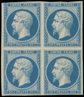 * EMPIRE NON DENTELE - 14B  20c. Bleu, T II, BLOC De 4, 2 Ex. Pli Vertical, Froissures De Gomme, Aspect TB - 1853-1860 Napoléon III.