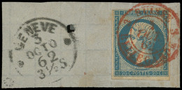 EMPIRE NON DENTELE - 14B  20c. Bleu, T II, Obl. Càd 3 SUISSE 3 BELLEGARDE 2/10/62 En Rouge S. Fragt, TB - 1853-1860 Napoleon III