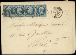 Let EMPIRE NON DENTELE - 14A  20c. Bleu, T I, BANDE De 4 (1er T. Déf.) Obl. PC 2909 S. Env., Càd T15 SOISSONS 25/8/65, F - 1849-1876: Période Classique